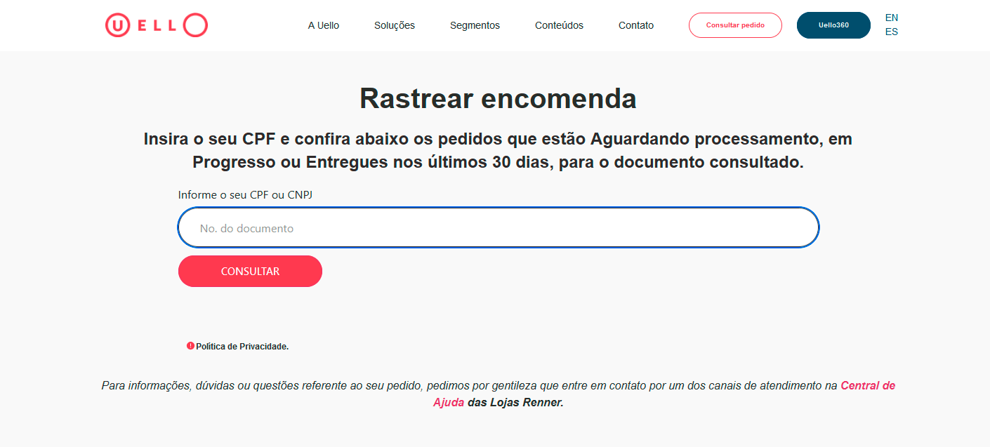 Página de rastreamento da Uello.